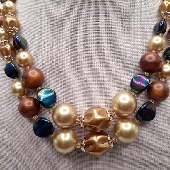 Vintage Japan Art Bead Necklace, Two Strands, Iridescent Earth Tones, 16" - Picture 3 of 13